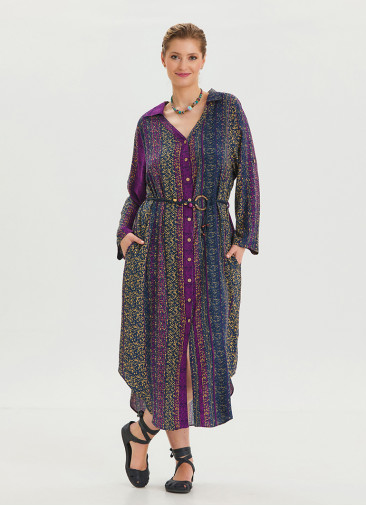 P Shirt Collar Belt Detailed Purple Patterned Long Sleeve Dress 4449